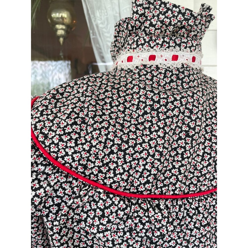 Vintage 1970s Floral Cotton Ruffle Western Shirt Black Red Size Small - Picture 10 of 11